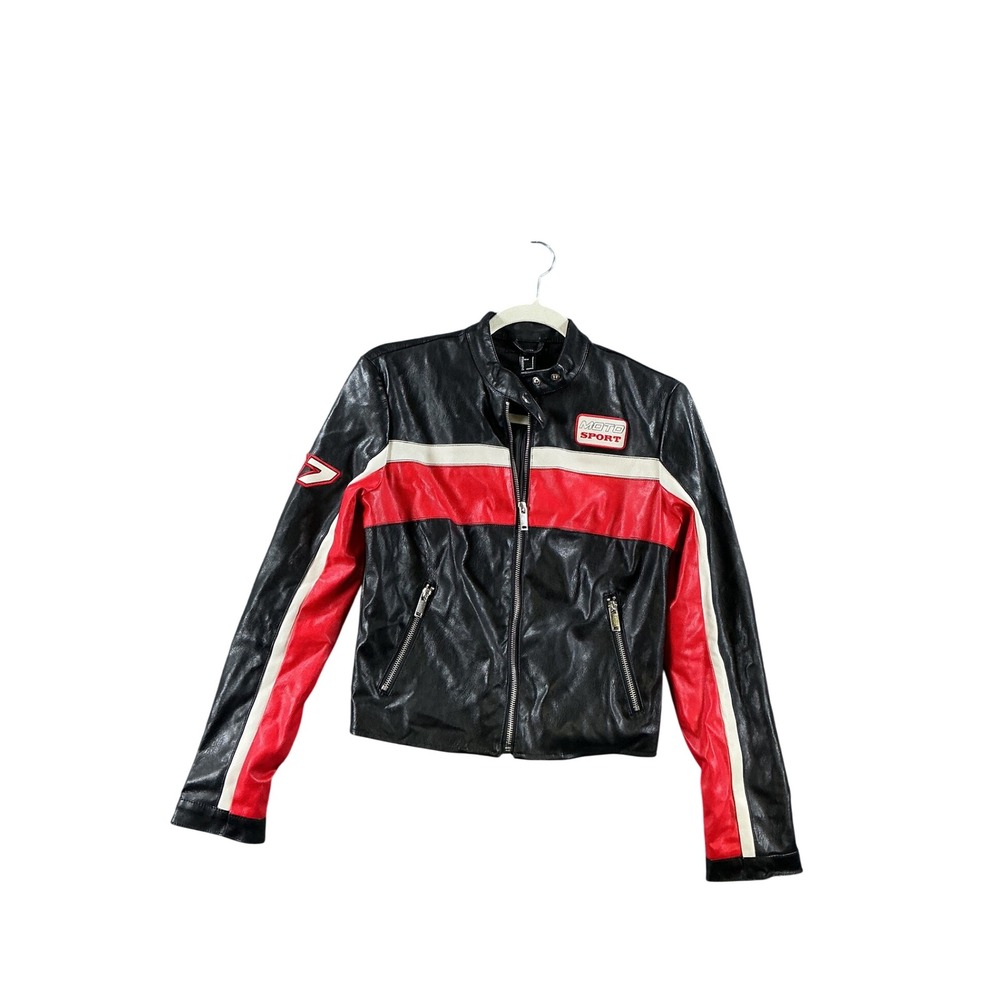 Forever 21 Moto Sport Faux Leather Racing Jacket Black Red White Small
